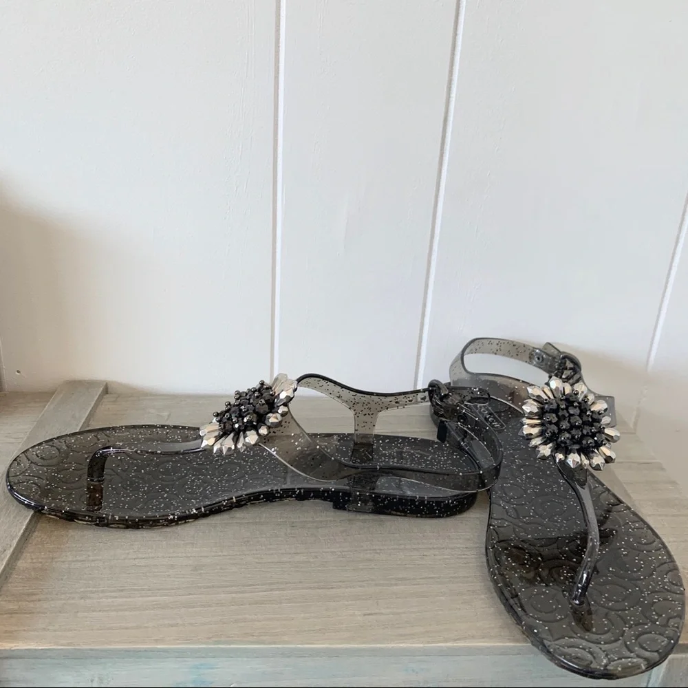 Coach Smoky Black Jelly Sandals with Crystal Flower Accent